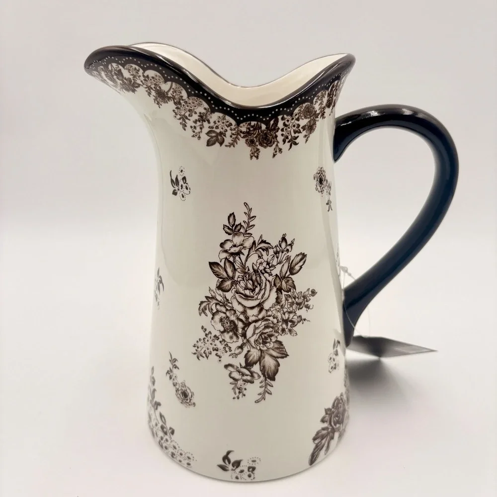 Robert Stanley Fall Classics Brown White Floral Toile Ceramic Pitcher Scalloped